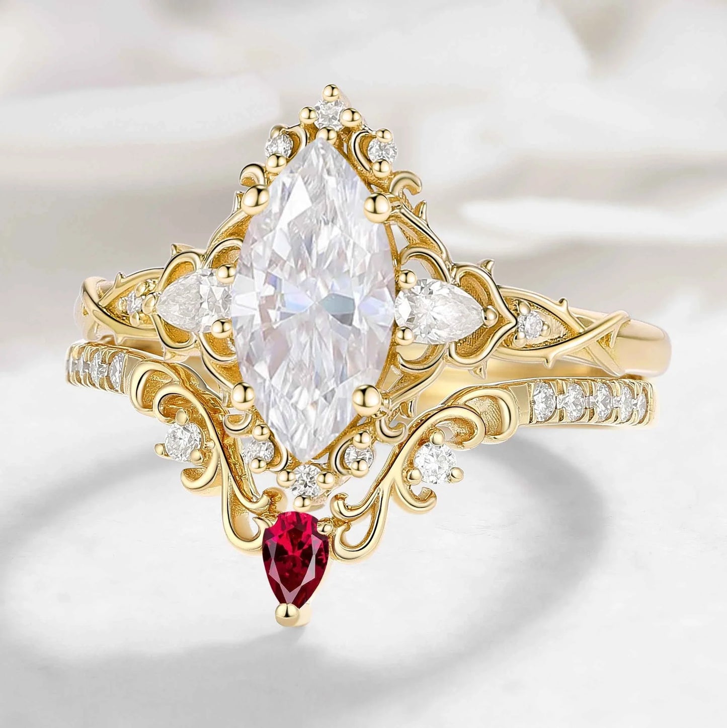 Nature Inspired Vintage Thorn Marquise Moissanite Engagement Ring - Valora Set