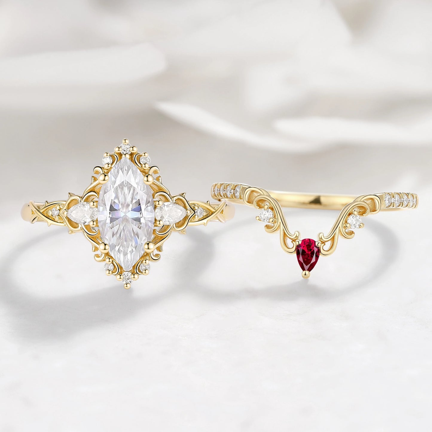 Nature Inspired Vintage Thorn Marquise Moissanite Engagement Ring - Valora Set