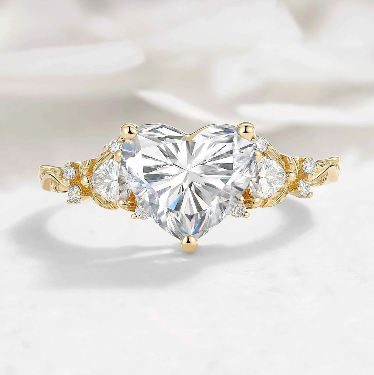 Three Stone Heart Cut Lab Diamond Leaf Engagement Ring