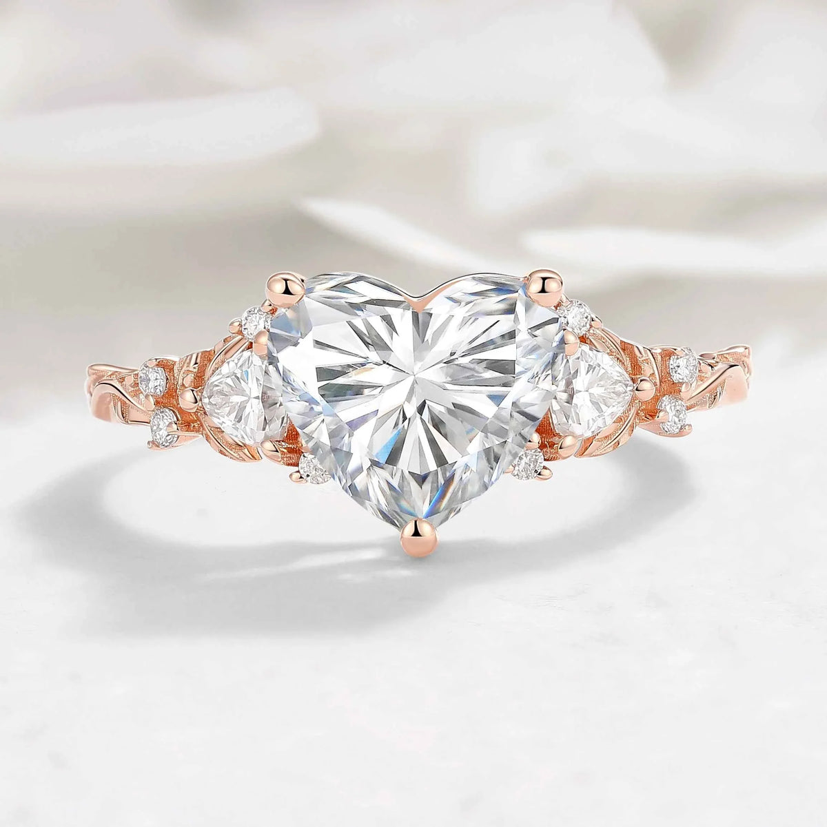 Three Stone Heart Cut Lab Diamond Leaf Engagement Ring