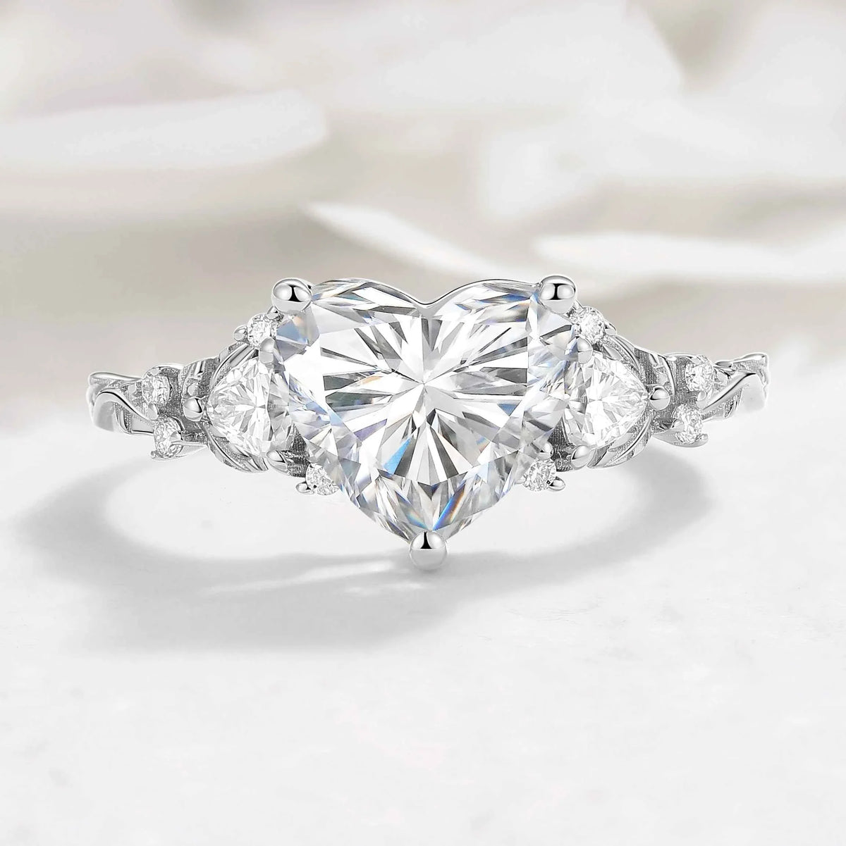 Three Stone Heart Cut Lab Diamond Leaf Engagement Ring