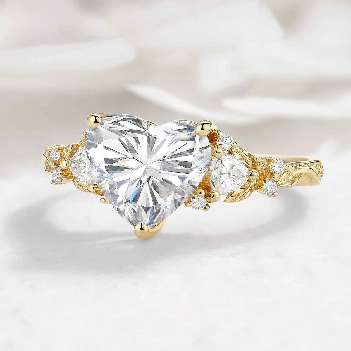 Three Stone Heart Cut Lab Diamond Leaf Engagement Ring