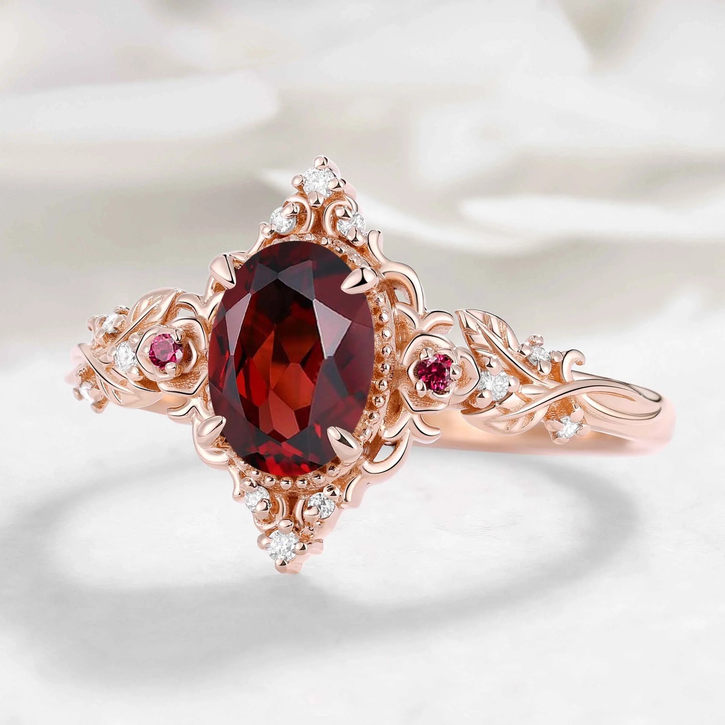 Nature-Inspired Flower Oval Cut Garnet Engagement Ring – Rose Manor