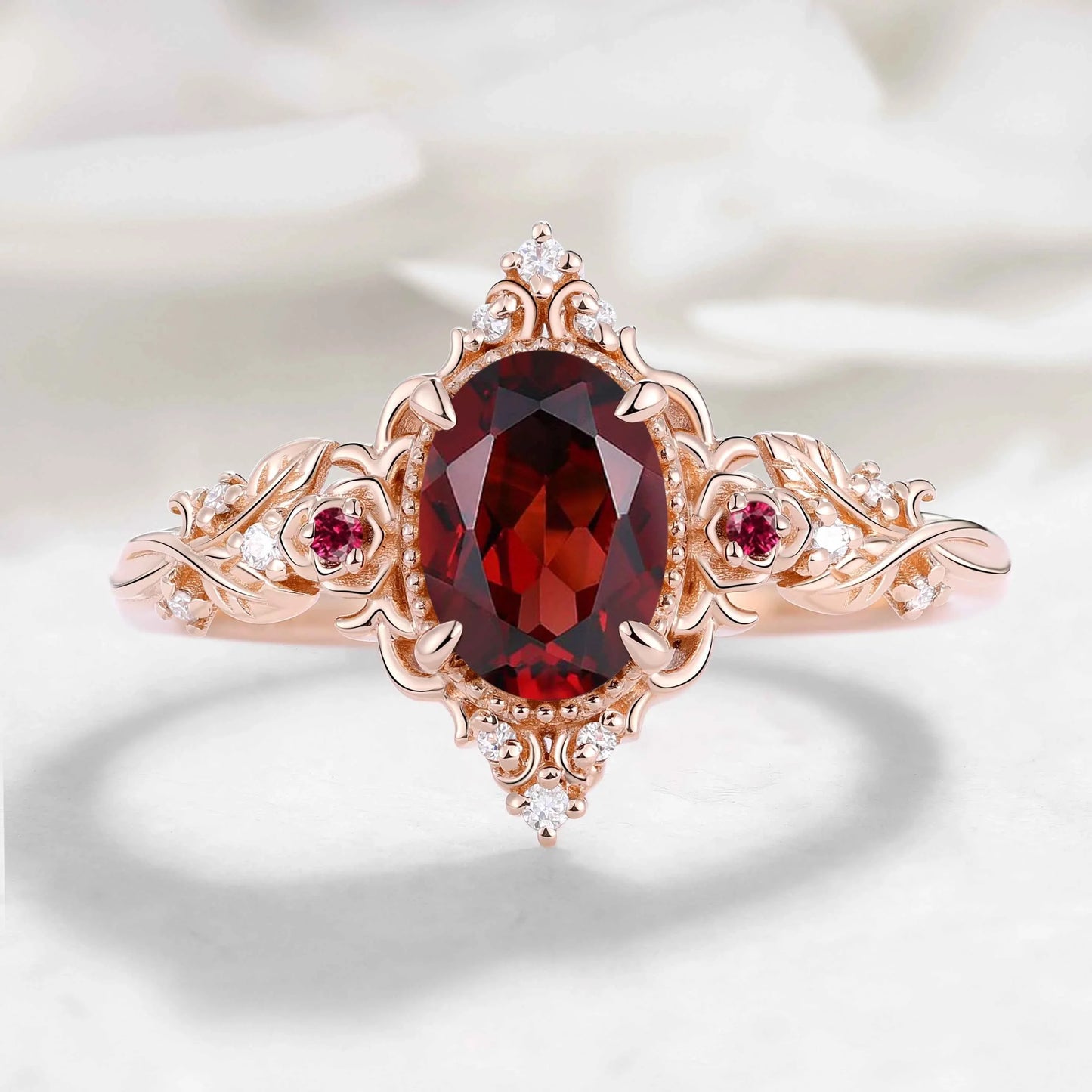 Nature-Inspired Flower Oval Cut Garnet Engagement Ring – Rose Manor