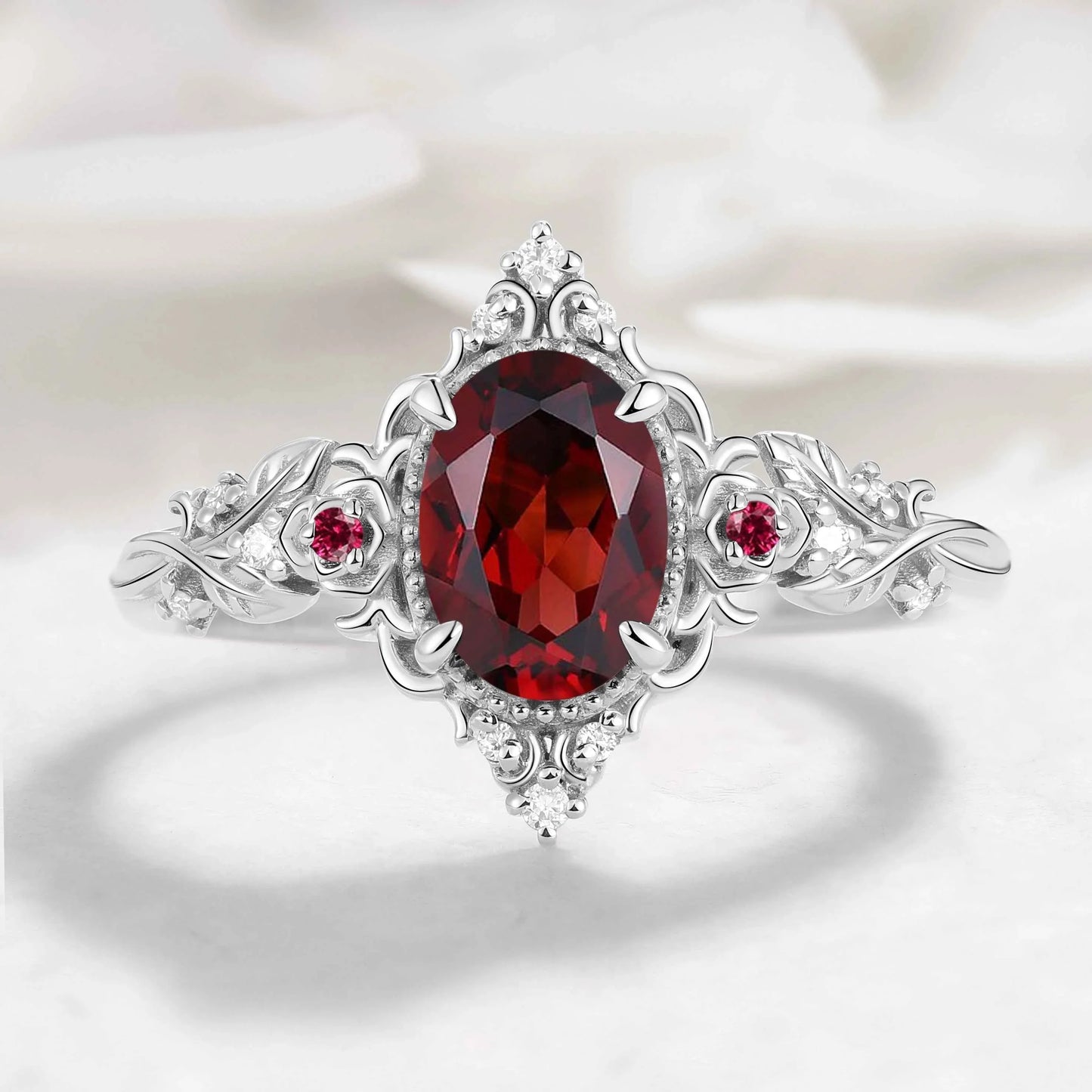 Nature-Inspired Flower Oval Cut Garnet Engagement Ring – Rose Manor