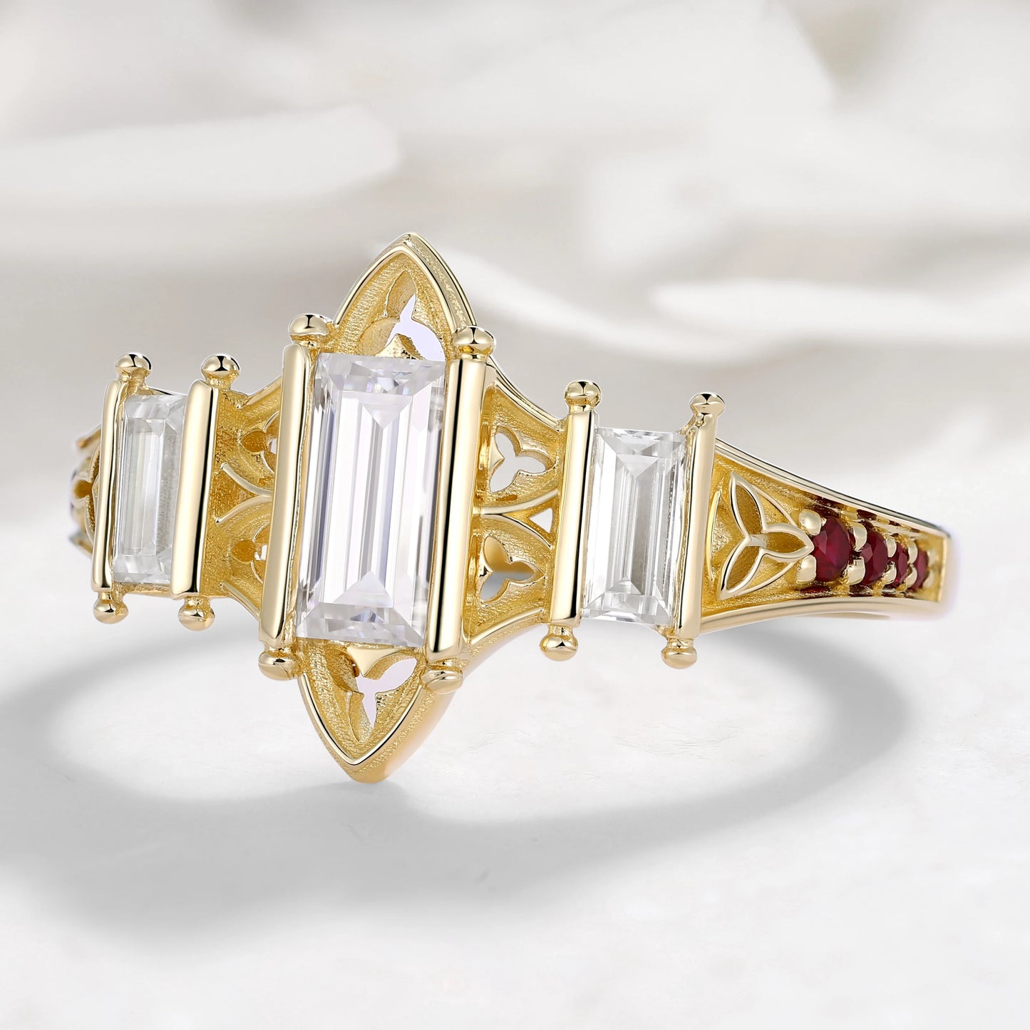 Vintage Three-Stone Emerald Cut Moissanite Engagement Ring Cathedral-Inspired