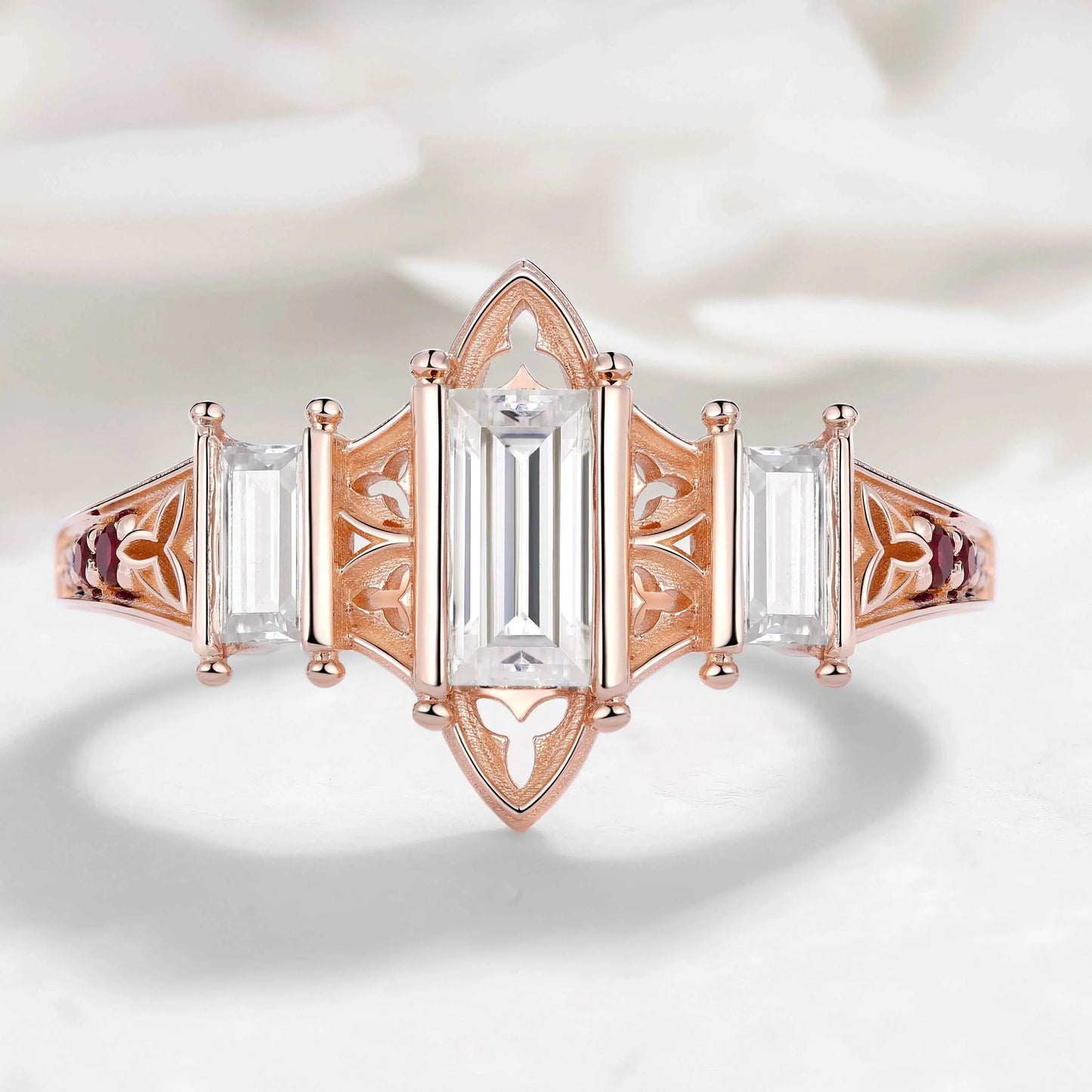 Vintage Three-Stone Emerald Cut Moissanite Engagement Ring Cathedral-Inspired