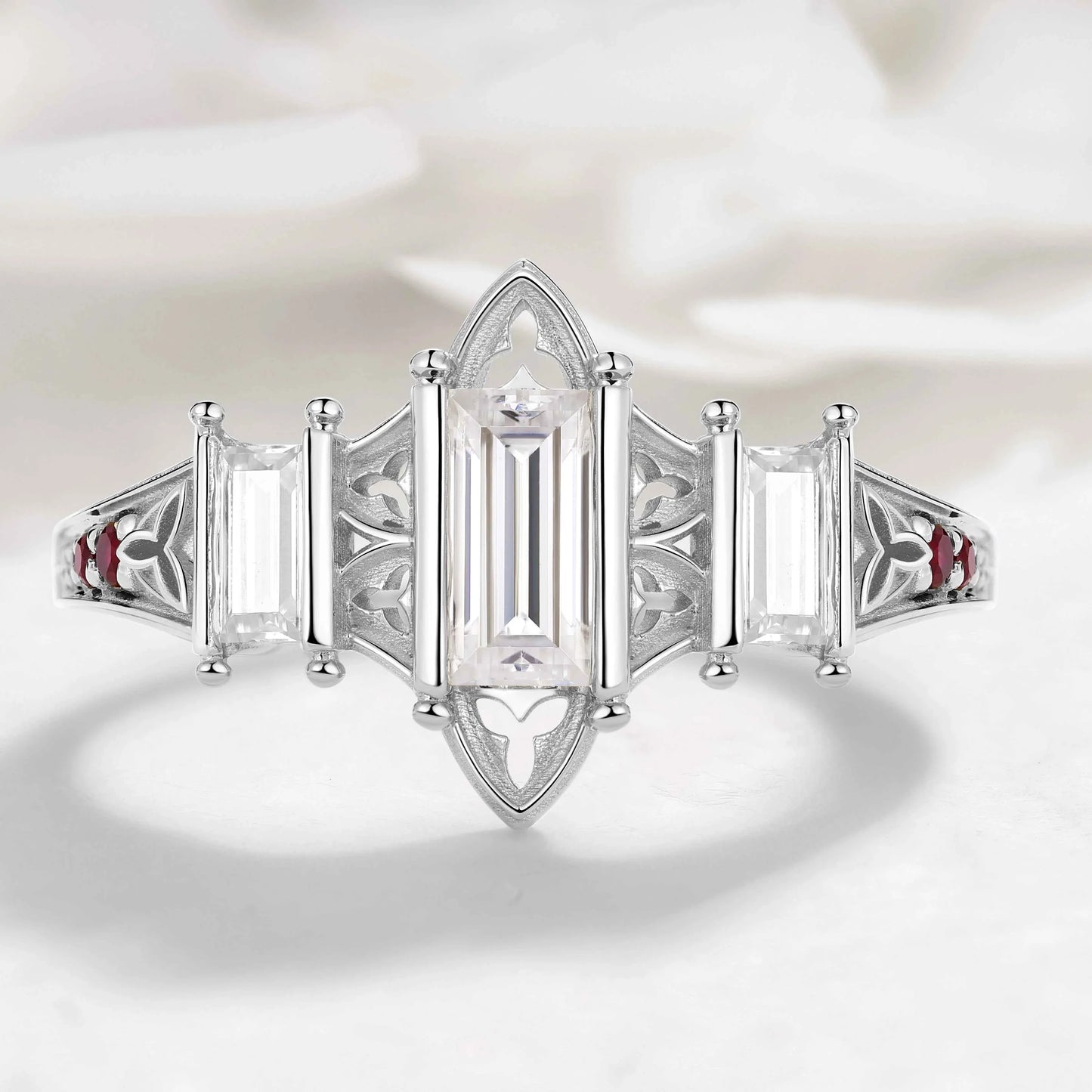 Vintage Three-Stone Emerald Cut Moissanite Engagement Ring Cathedral-Inspired