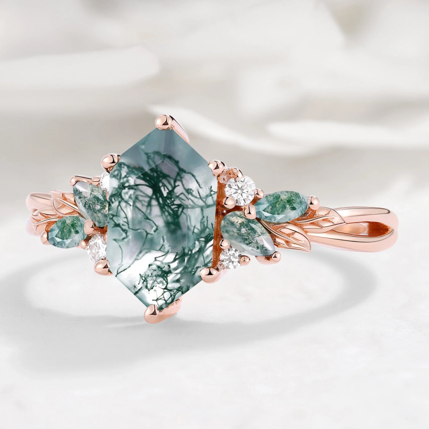 Nature-inspired Leaf Hexagon Cut Moss Agate Engagement Ring