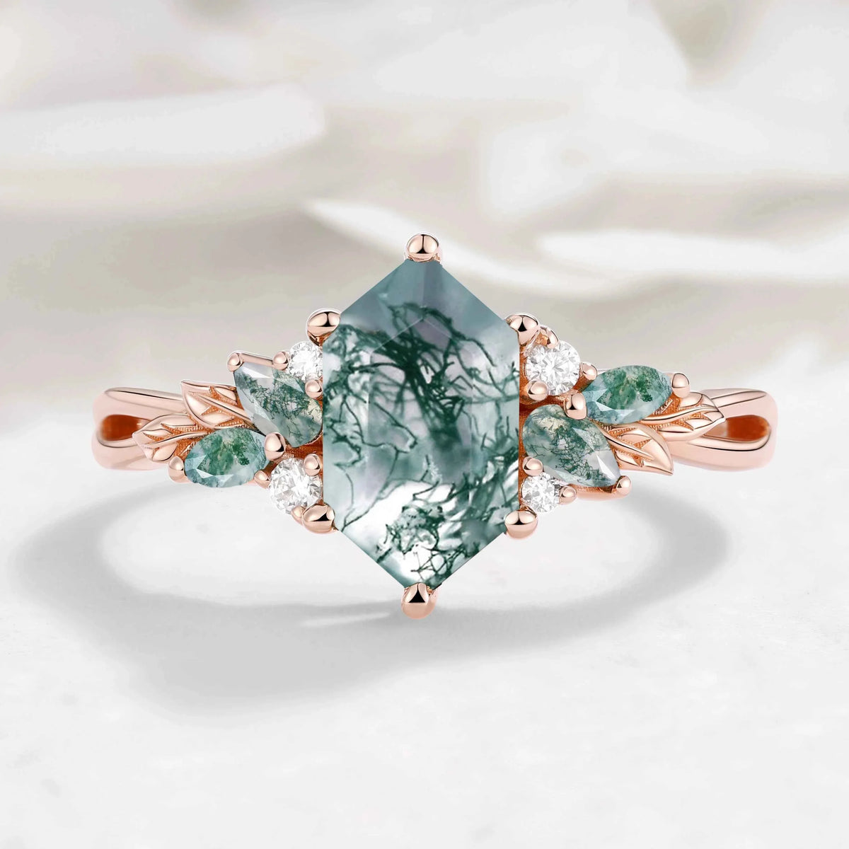 Nature-inspired Leaf Hexagon Cut Moss Agate Engagement Ring