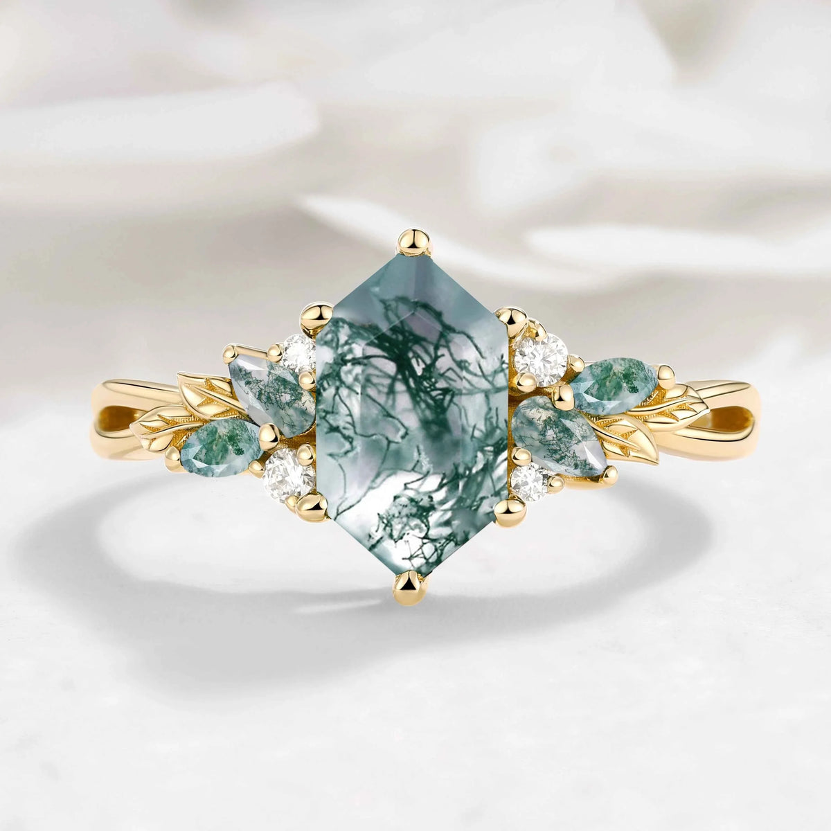 Nature-inspired Leaf Hexagon Cut Moss Agate Engagement Ring