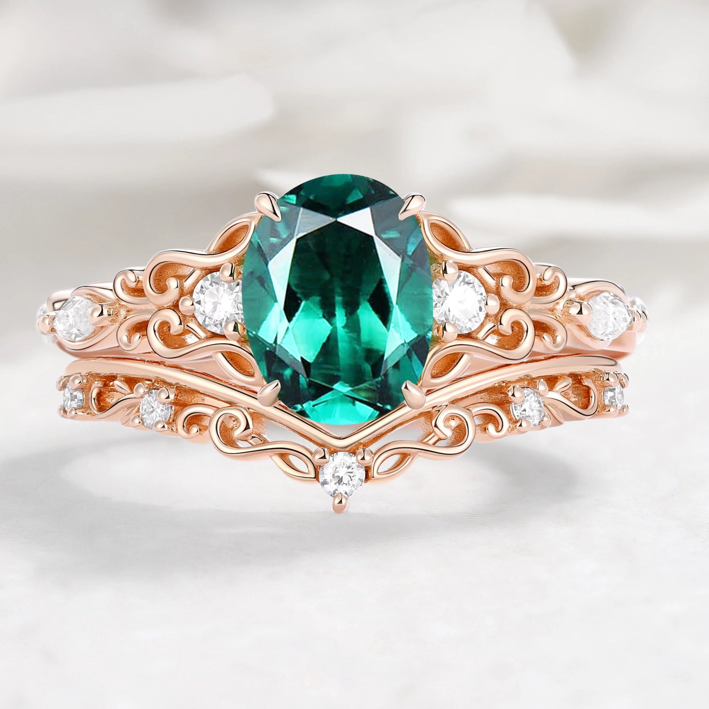 Oval Cut Musical Note Emerald Engagement Ring - Melody Ring Set
