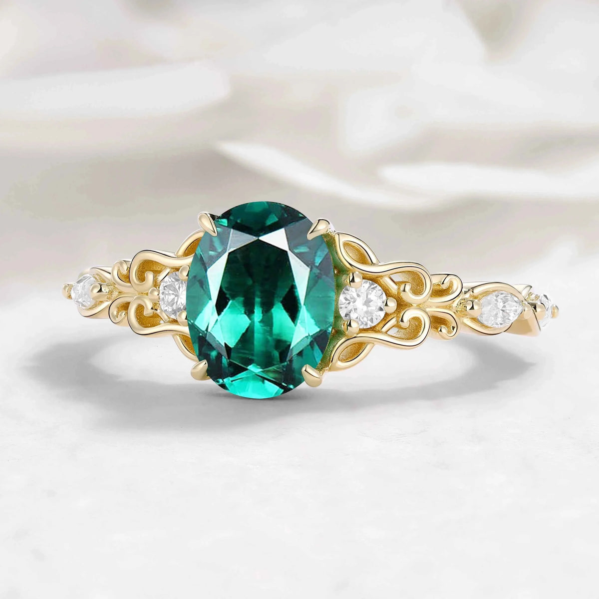 Oval Cut Musical Note Emerald Engagement Ring - Melody Ring