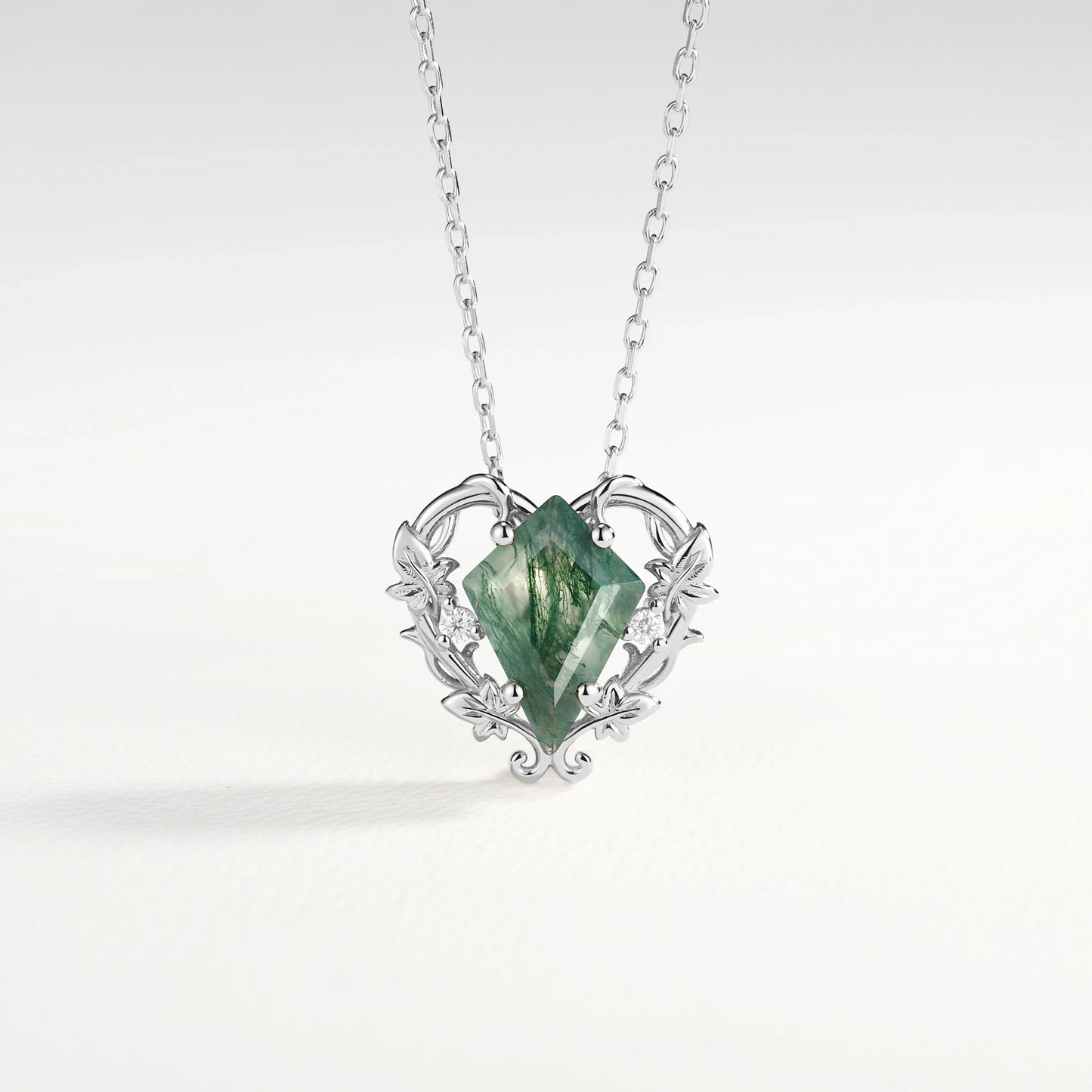 Nature Inspired Ivy Vine Moss Agate Heart Pendant Necklace