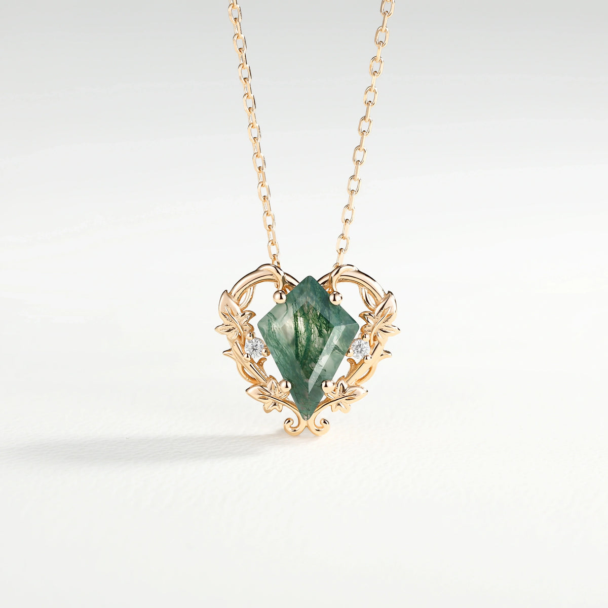 Nature Inspired Ivy Vine Moss Agate Heart Pendant Necklace