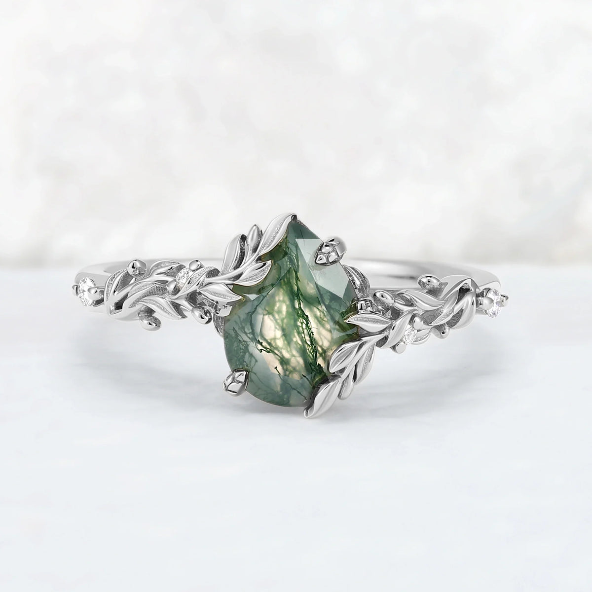 Celestial Nature Moonlit Olive Leaf Moss Agate Engagaement Ring