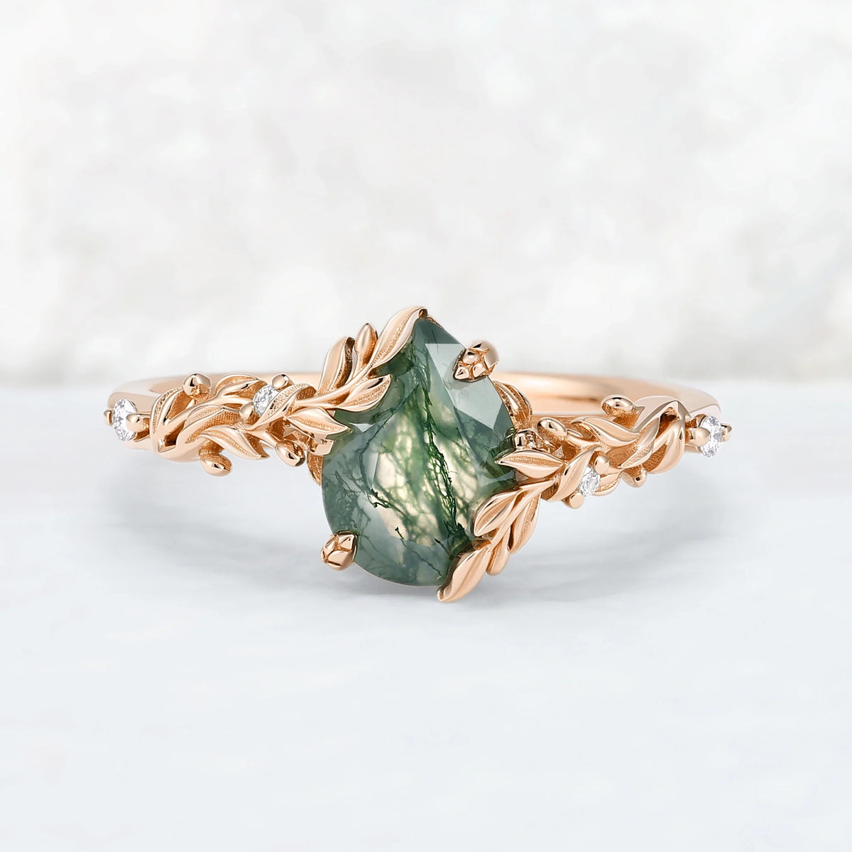 Celestial Nature Moonlit Olive Leaf Moss Agate Engagaement Ring