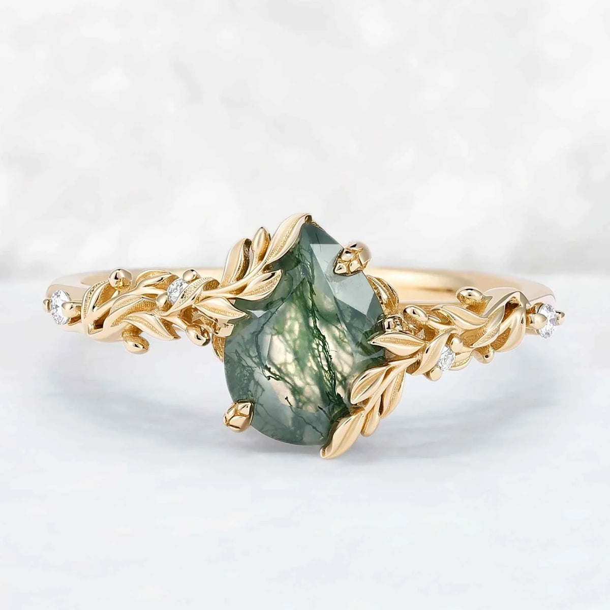 Celestial Nature Moonlit Olive Leaf Moss Agate Gemstone Bridal Ring Set 2pcs