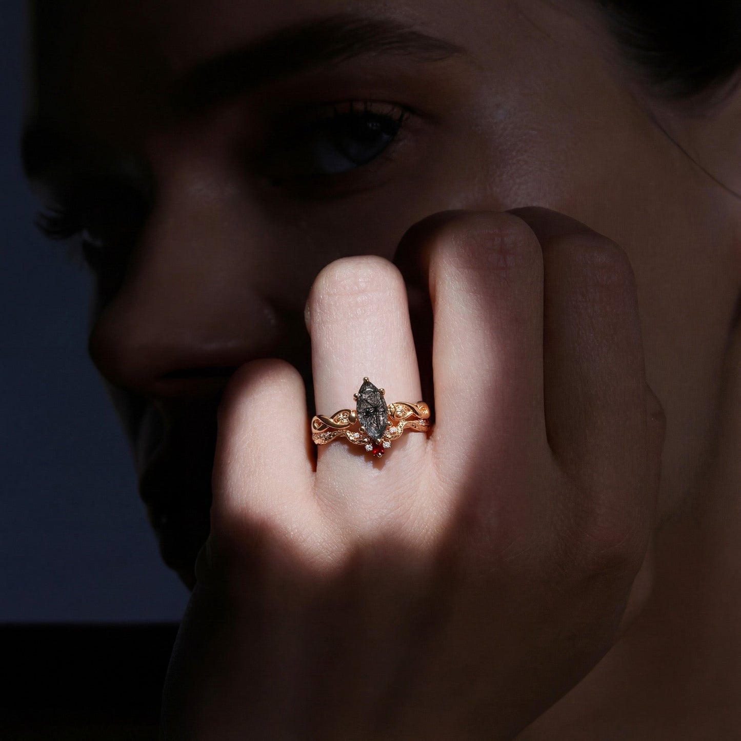 Snake Inspired Unique Marquise Cut Black Rutilated Quartz Infinity Twist Engagement Ring - Serpent's Embrace