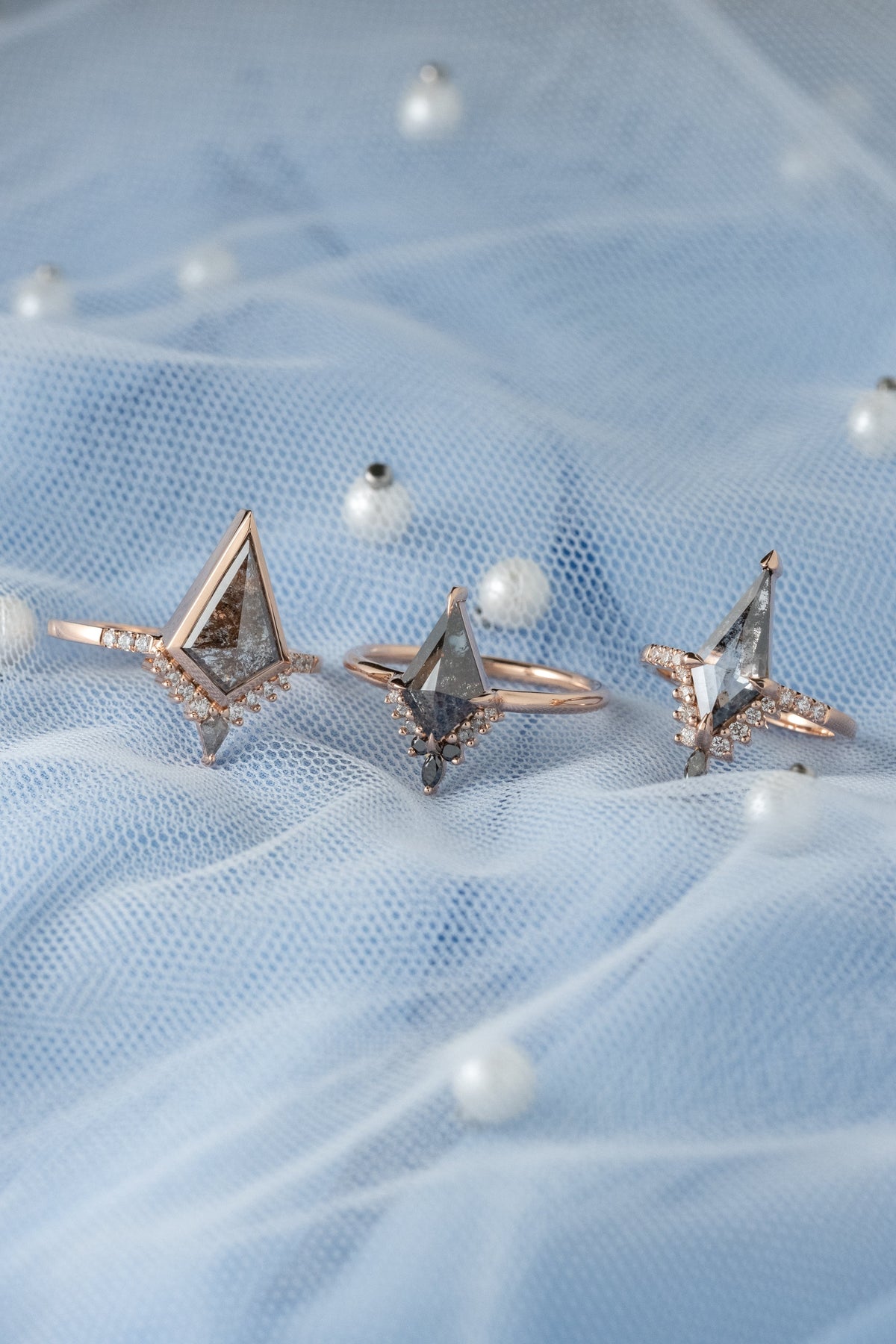 1.15 Carat Salt and Pepper Kite Diamond Engagement Ring, Avaline Setting, 14K Rose Gold