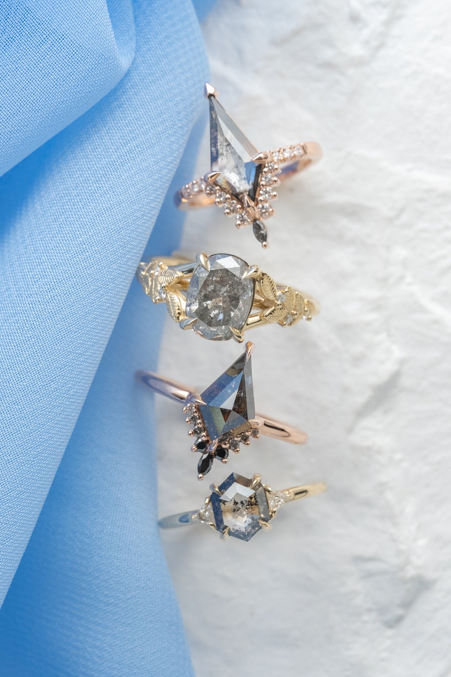1.15 Carat Salt and Pepper Kite Diamond Engagement Ring, Avaline Setting, 14K Rose Gold