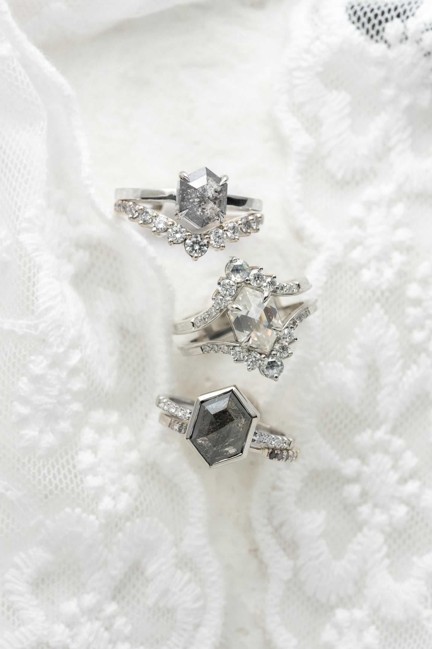 2.01 Carat Hexagon Moissanite and Diamond Engagement Ring, Empress Setting, Platinum
