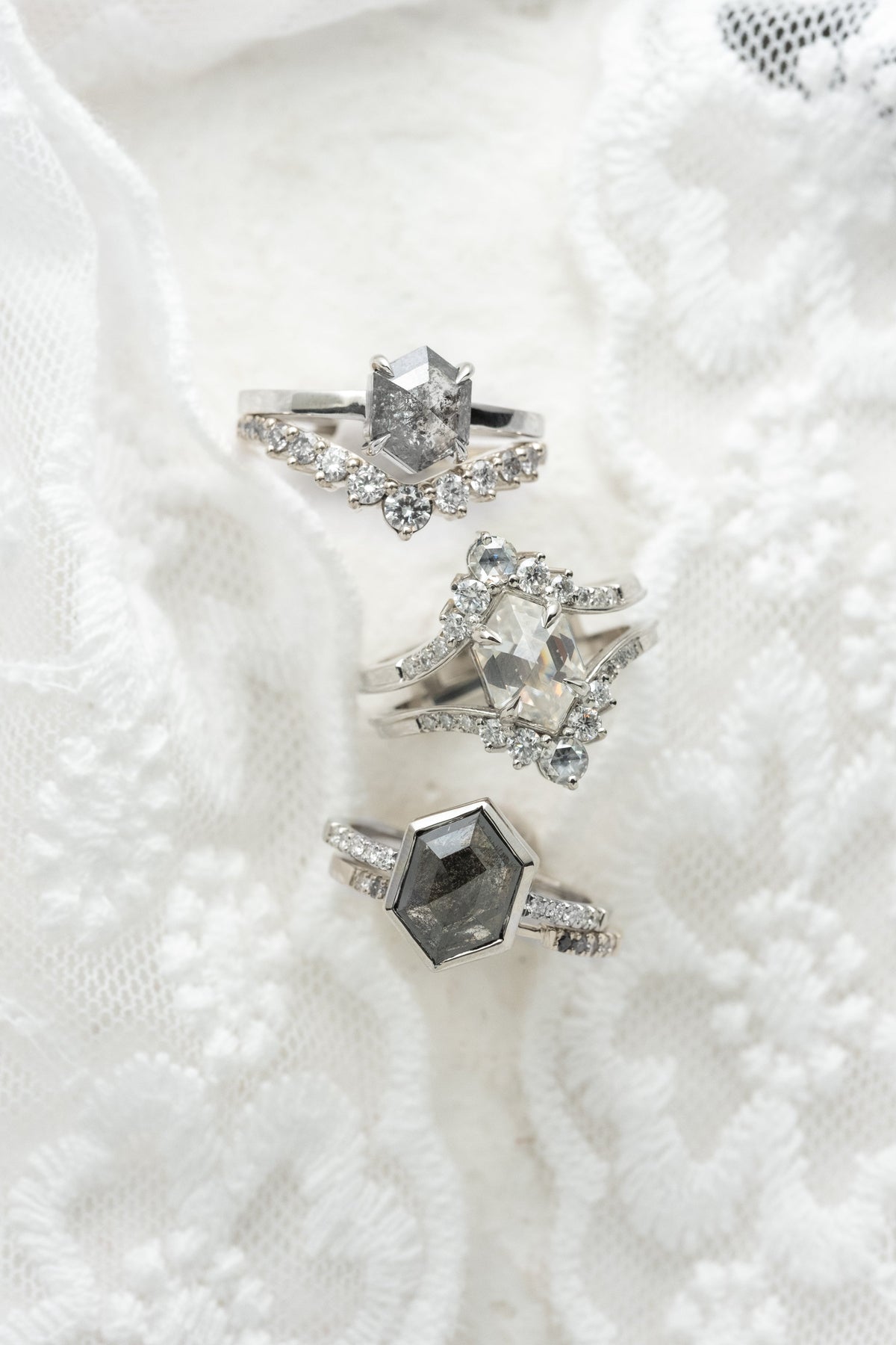 2.01 Carat Hexagon Moissanite and Diamond Engagement Ring, Empress Setting