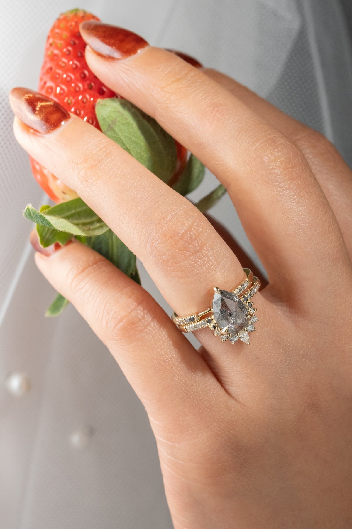 2.16 Carat Salt and Pepper Pear Diamond Engagement Ring, Ombre Avaline Setting