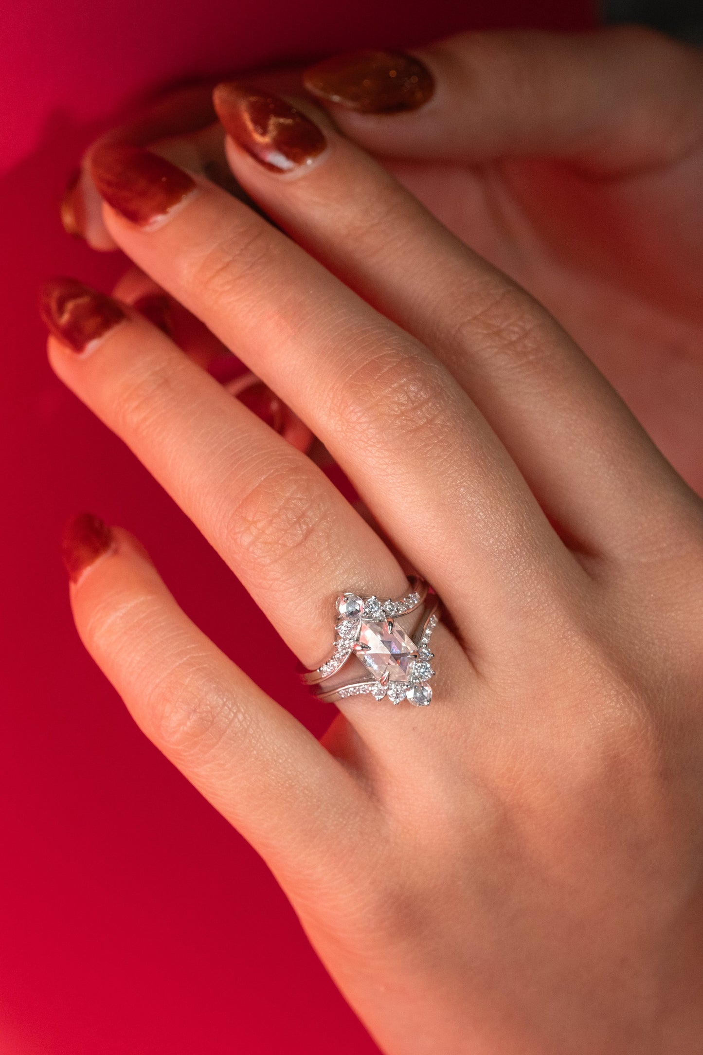 2.01 Carat Hexagon Moissanite and Diamond Engagement Ring, Empress Setting, Platinum