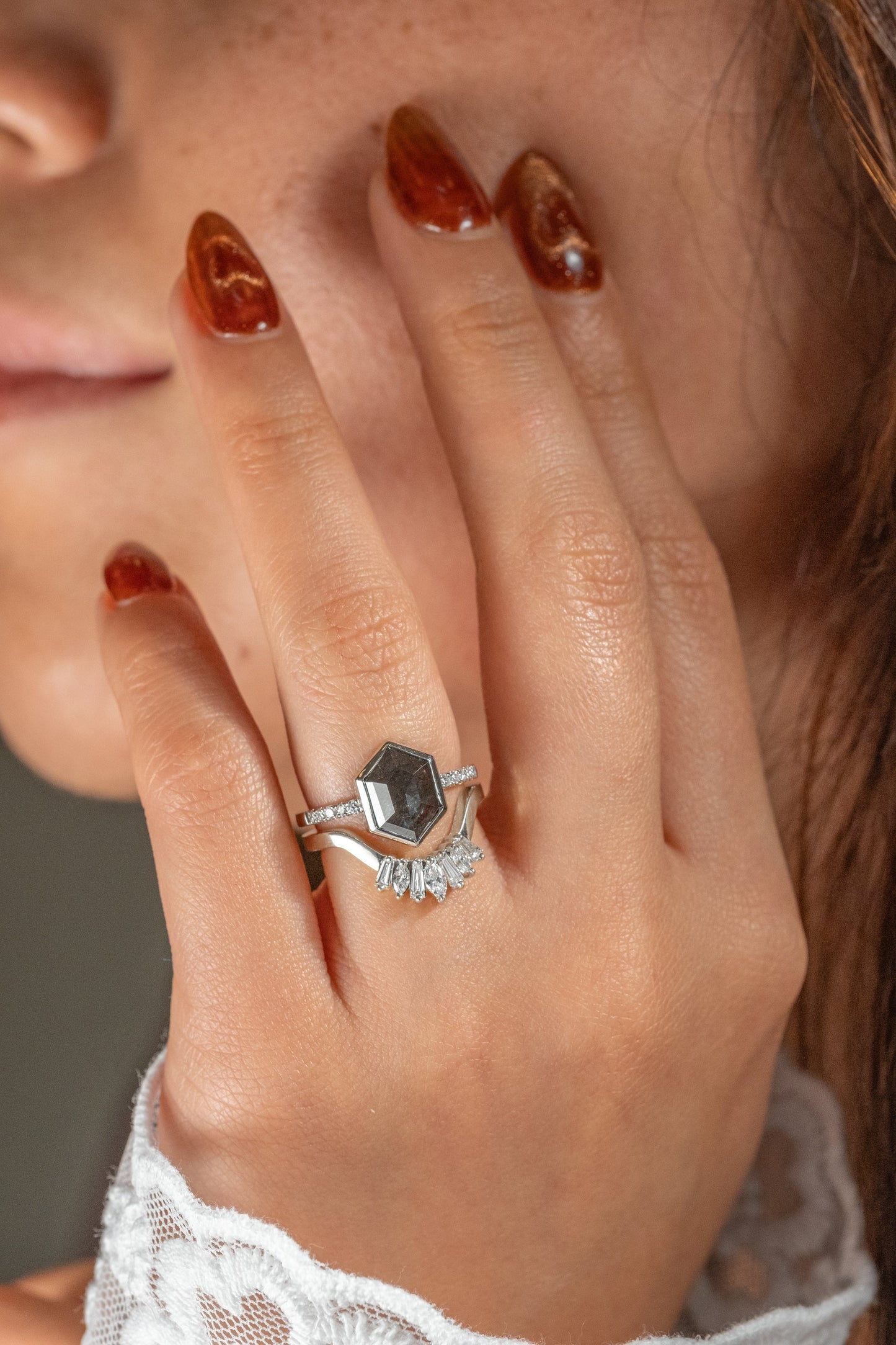 1.94 Carat Black Hexagon Diamond Engagement Ring, Bezel Jules Setting