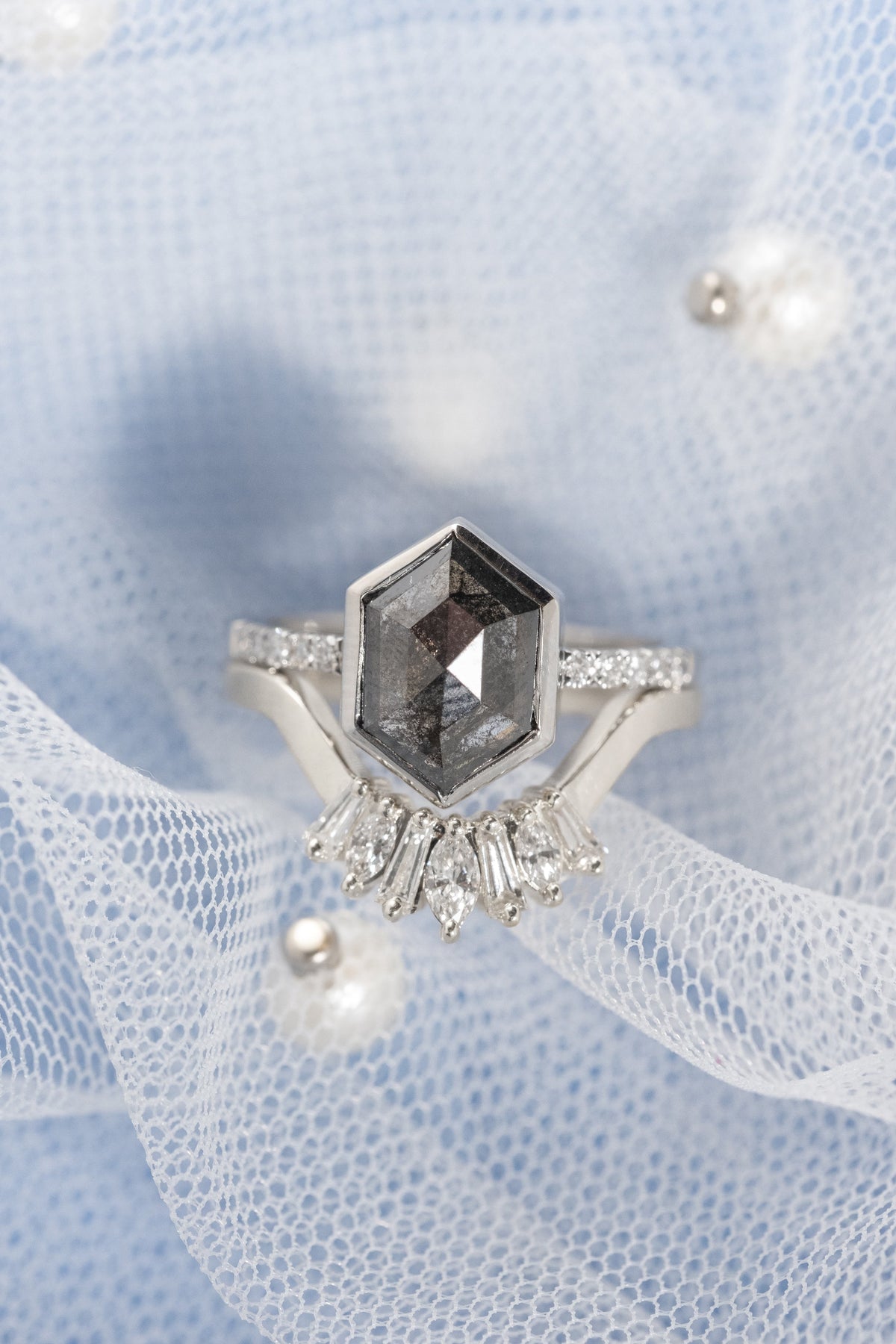 1.94 Carat Black Hexagon Diamond Engagement Ring, Bezel Jules Setting