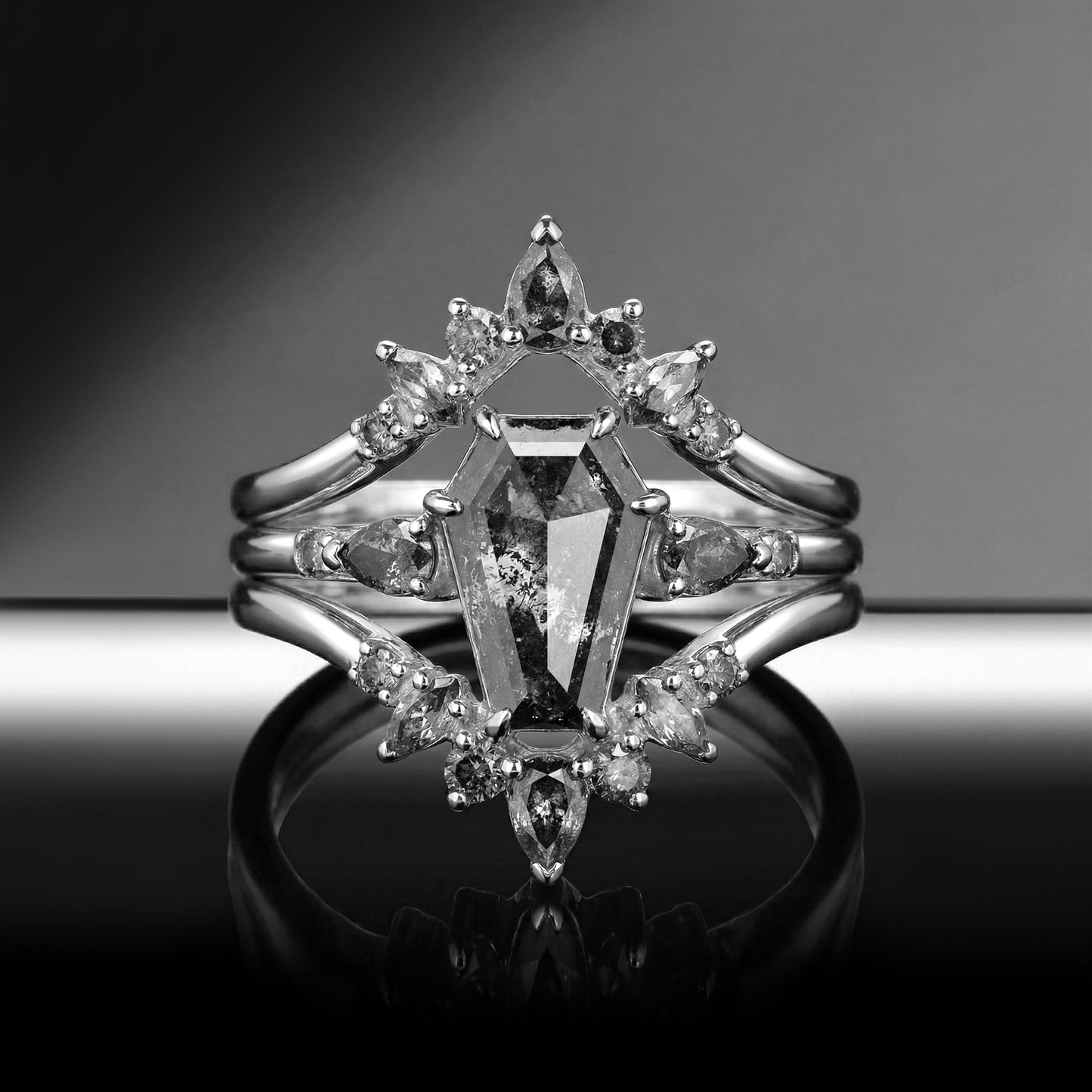 Coffin Cut Salt And Pepper Diamond Cluster Gold Engagement Ring Set 3pcs