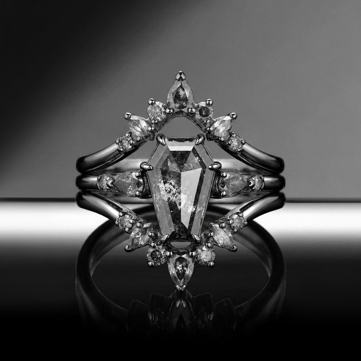 Coffin Cut Salt And Pepper Diamond Cluster Gold Engagement Ring Set 3pcs