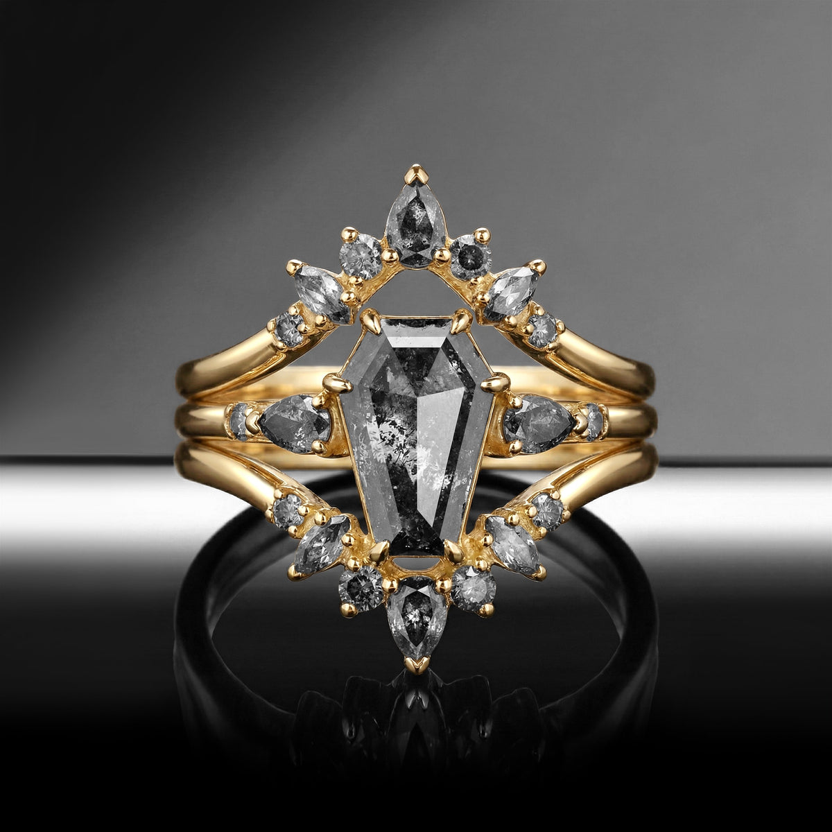 Coffin Cut Salt And Pepper Diamond Cluster Gold Engagement Ring Set 3pcs