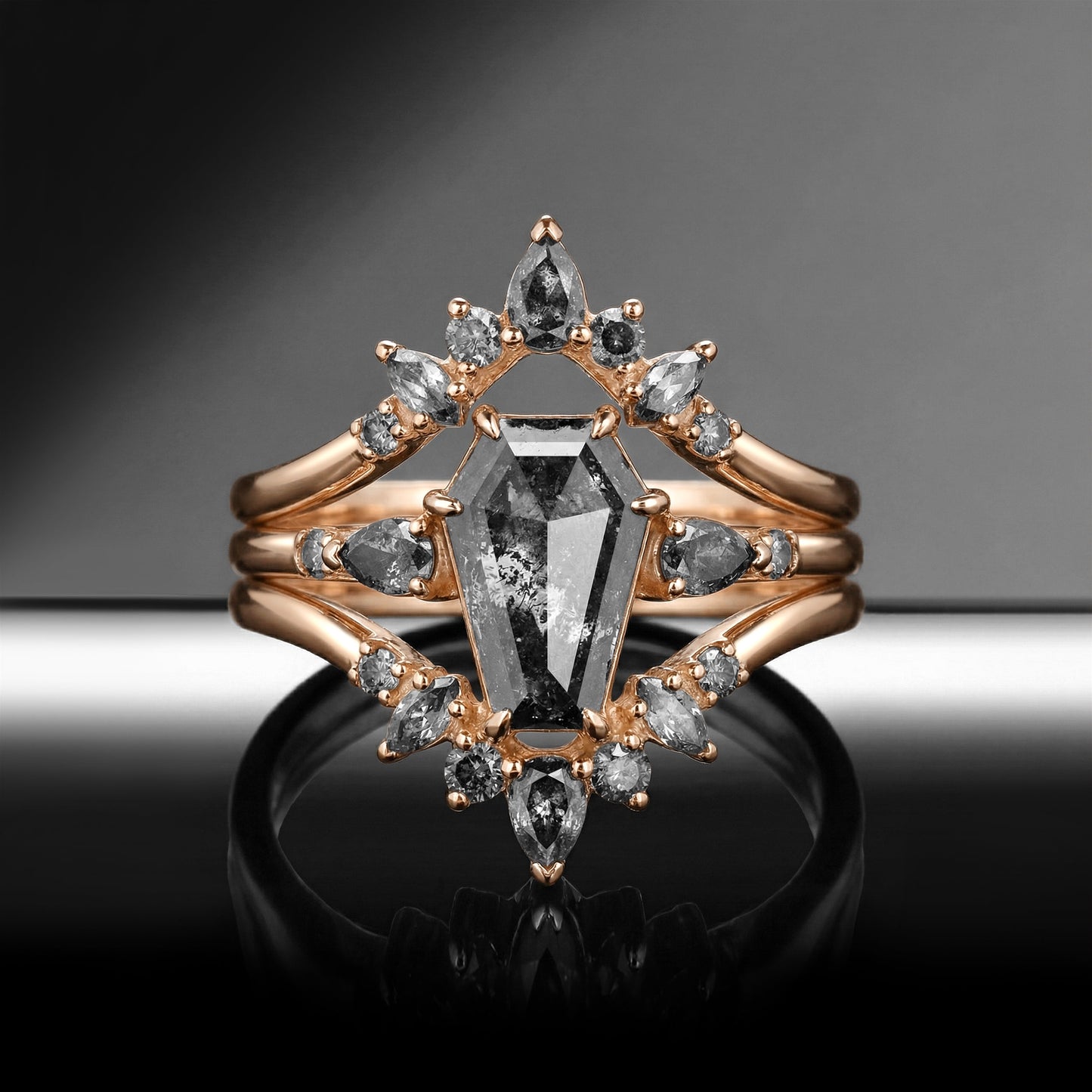 Coffin Cut Salt And Pepper Diamond Cluster Gold Engagement Ring Set 3pcs
