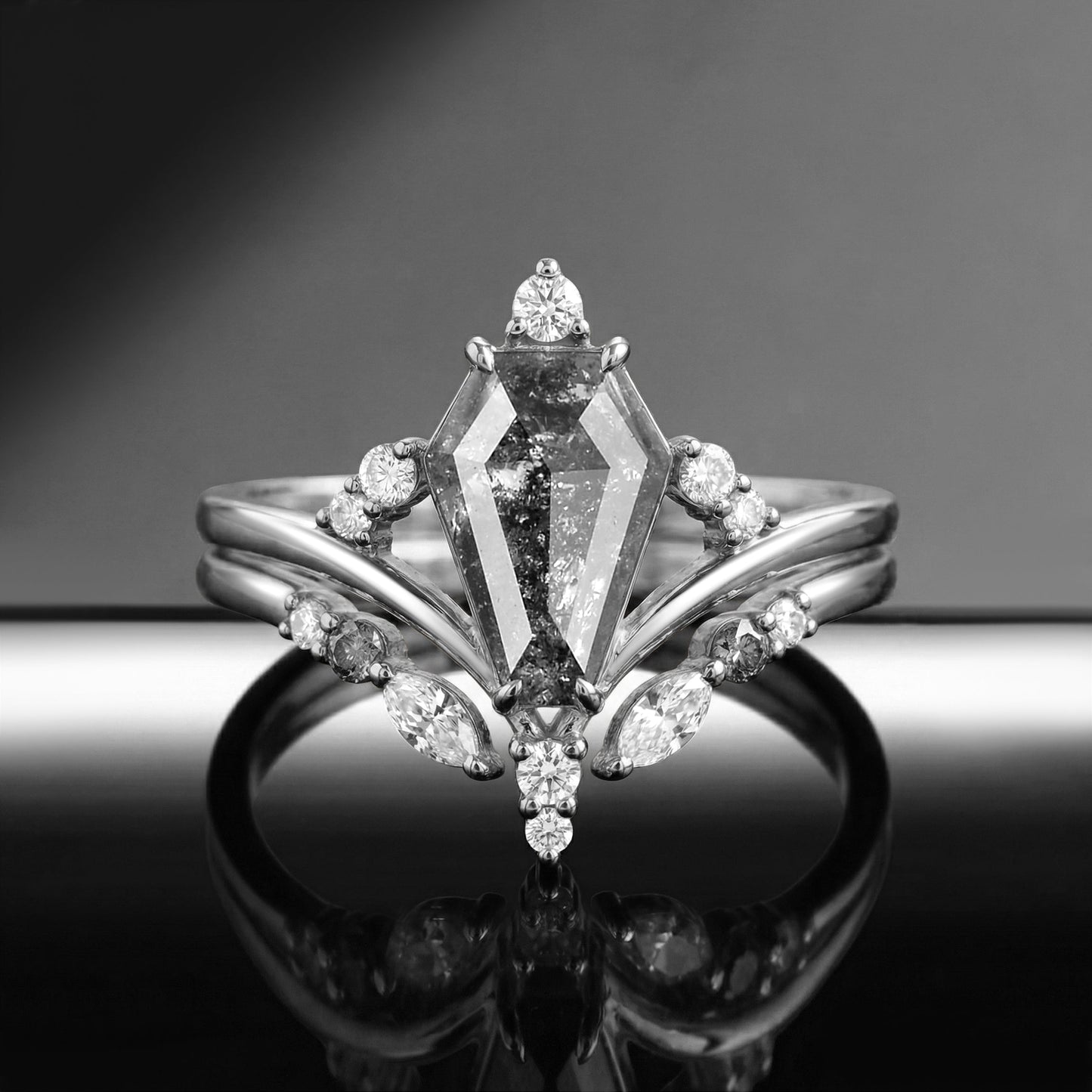'Loren' - Art-Deco Coffin Cut Salt & Pepper Diamond Cluster Engagement Ring Set 2pcs
