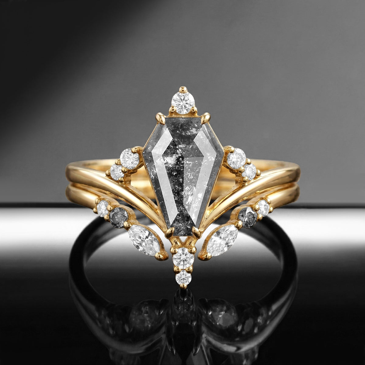 'Loren' - Art-Deco Coffin Cut Salt & Pepper Diamond Cluster Engagement Ring Set 2pcs