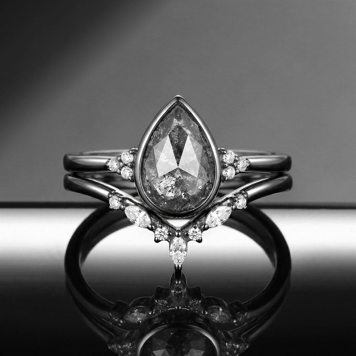 Pear Cut Salt and Pepper Diamond Bezel Classic Cluster Engagement Ring Set 2pcs