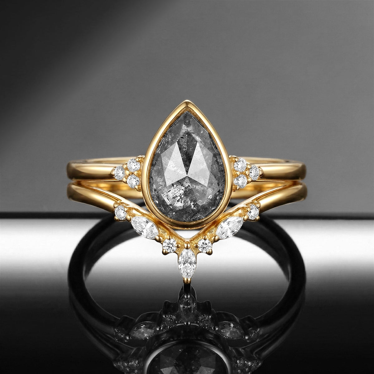 Pear Cut Salt and Pepper Diamond Bezel Classic Cluster Engagement Ring Set 2pcs