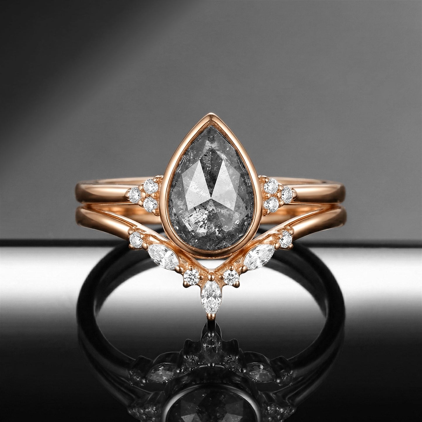 Pear Cut Salt and Pepper Diamond Bezel Classic Cluster Engagement Ring Set 2pcs
