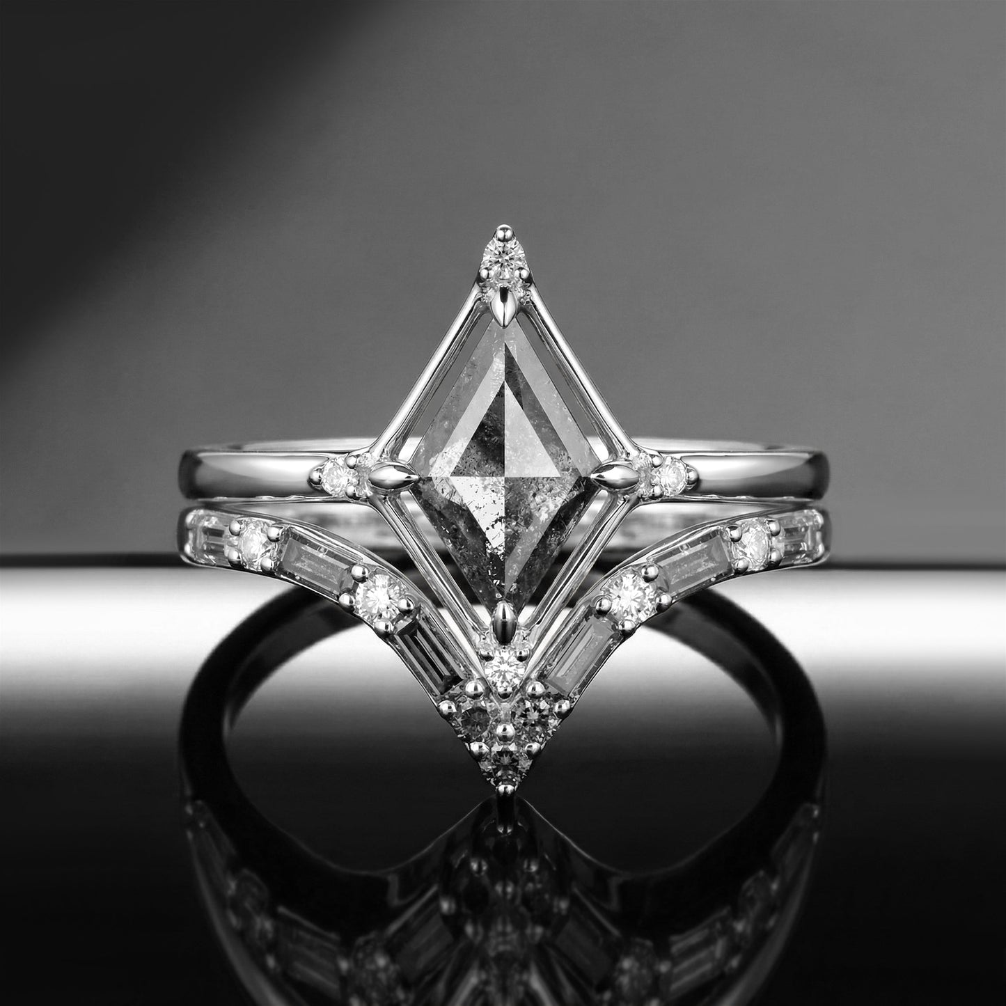Art-Deco Kite Cut Salt & Pepper Diamond Baguette Cluster Engagement Ring Set 2pcs