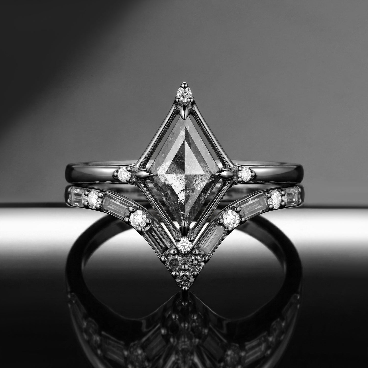 Art-Deco Kite Cut Salt & Pepper Diamond Baguette Cluster Engagement Ring Set 2pcs
