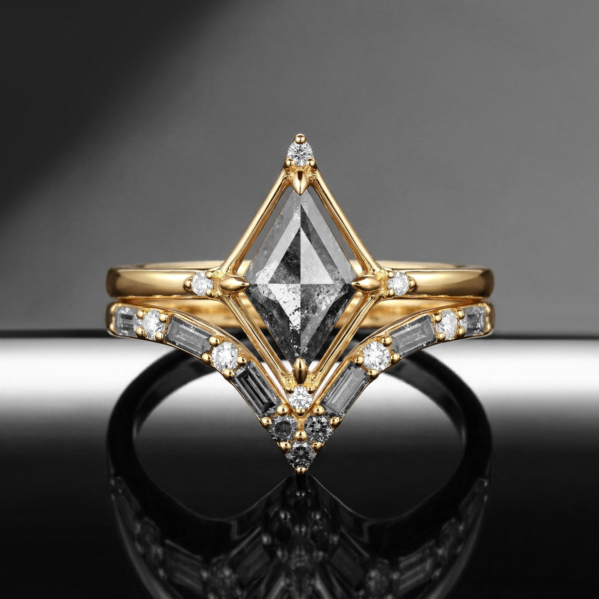 Art-Deco Kite Cut Salt & Pepper Diamond Baguette Cluster Engagement Ring Set 2pcs