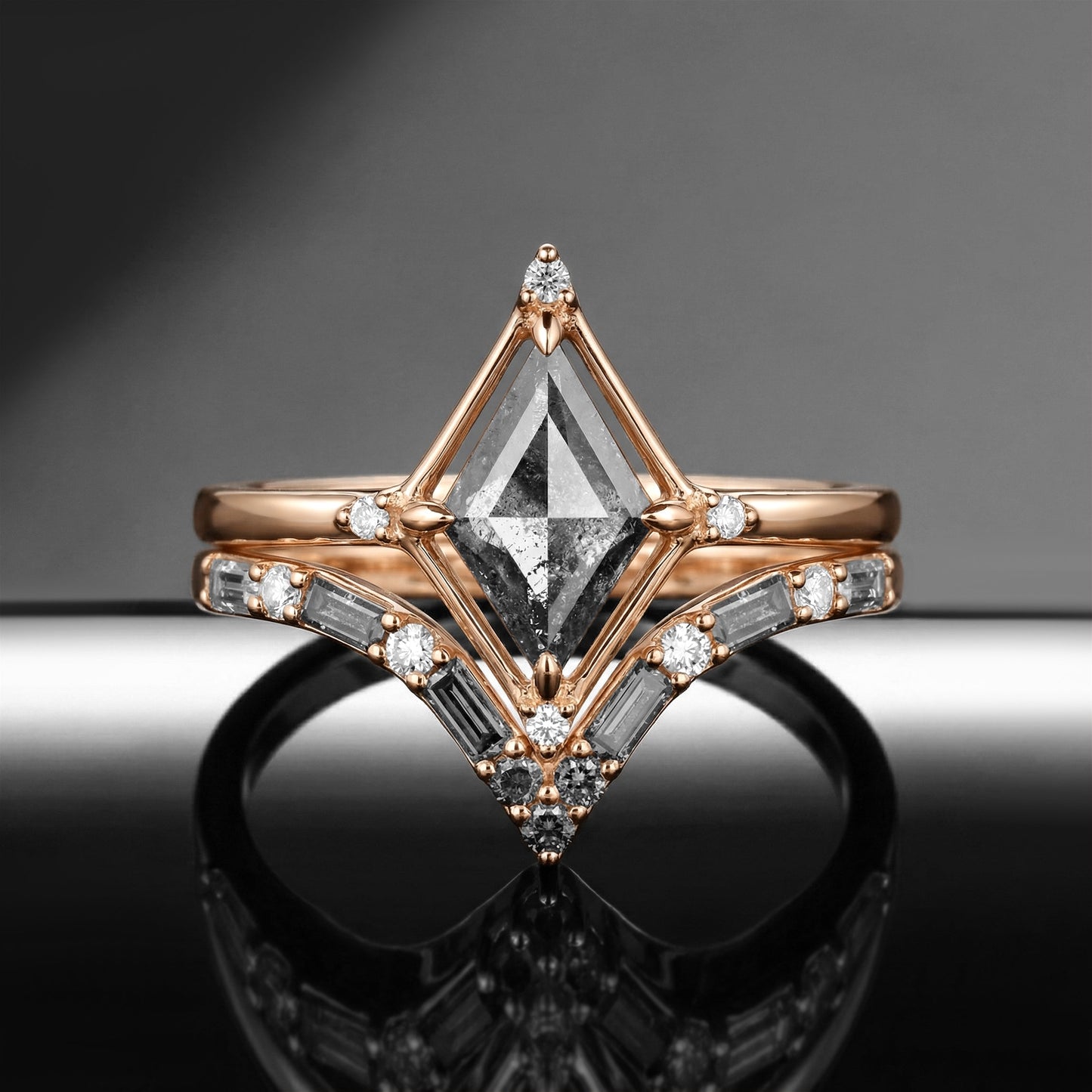 Art-Deco Kite Cut Salt & Pepper Diamond Baguette Cluster Engagement Ring Set 2pcs