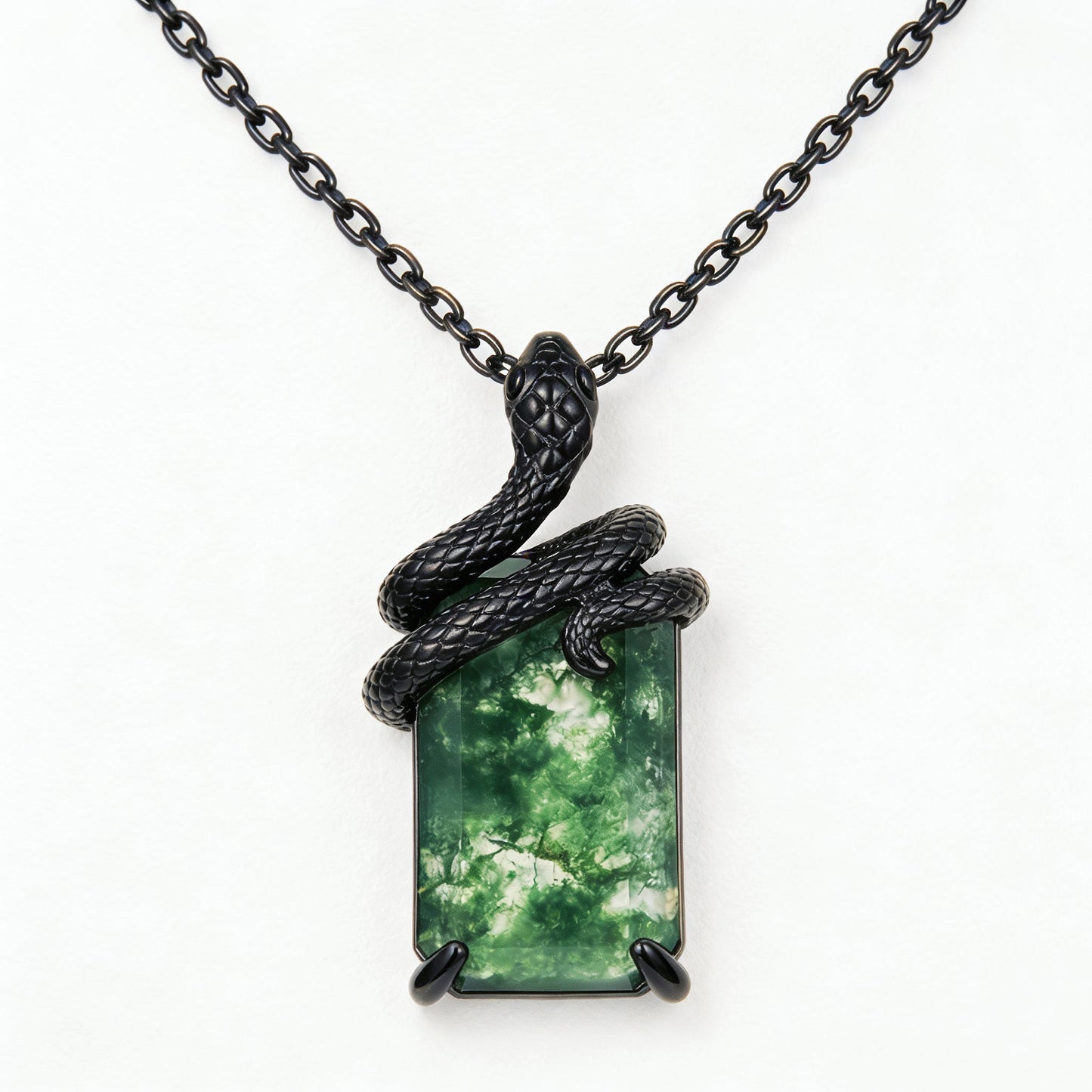 Kite Cut Moss Agate Mystical Serpent Carved Black Gold Gothic Necklace For Her- "Cloak"