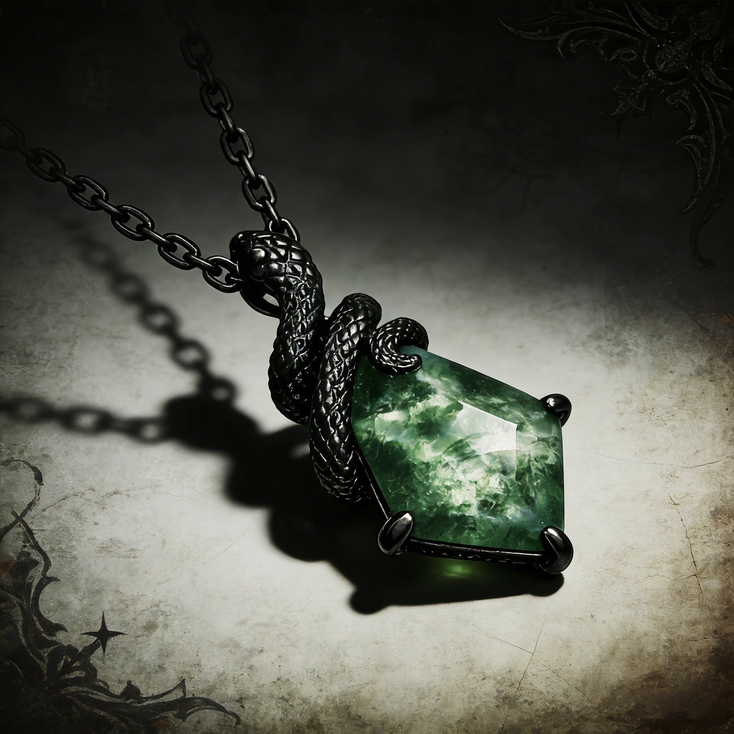 Emerald Cut Moss Agate Mystical Serpent Carved Black Gold Gothic Necklace For Girlfriend - "Cloak"
