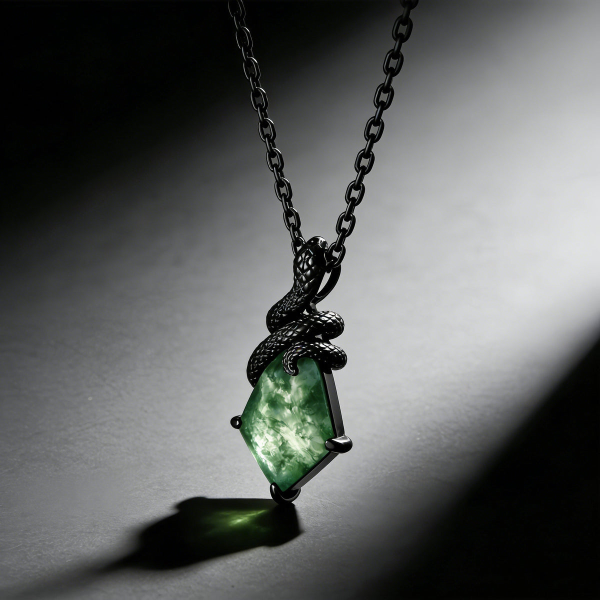 Kite Cut Moss Agate Mystical Serpent Carved Black Gold Gothic Necklace For Girlfriend - "Cloak"