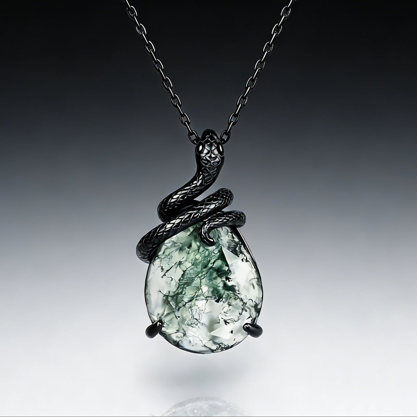 Emerald Cut Moss Agate Mystical Serpent Carved Black Gold Gothic Necklace For Girlfriend - "Cloak"