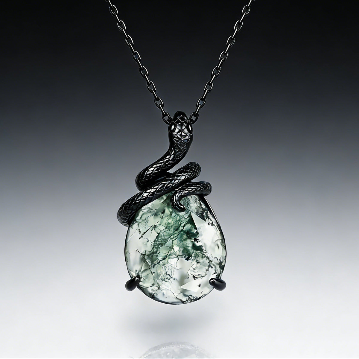 Kite Cut Moss Agate Mystical Serpent Carved Black Gold Gothic Necklace For Her- "Cloak"