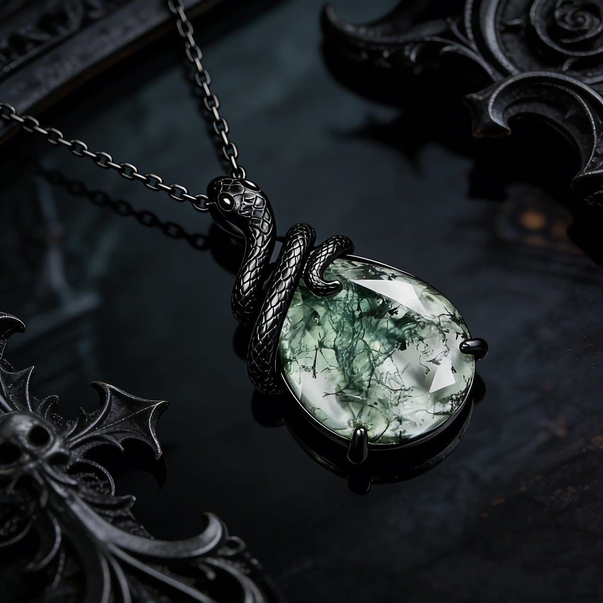 Emerald Cut Moss Agate Mystical Serpent Carved Black Gold Gothic Necklace For Girlfriend - "Cloak"